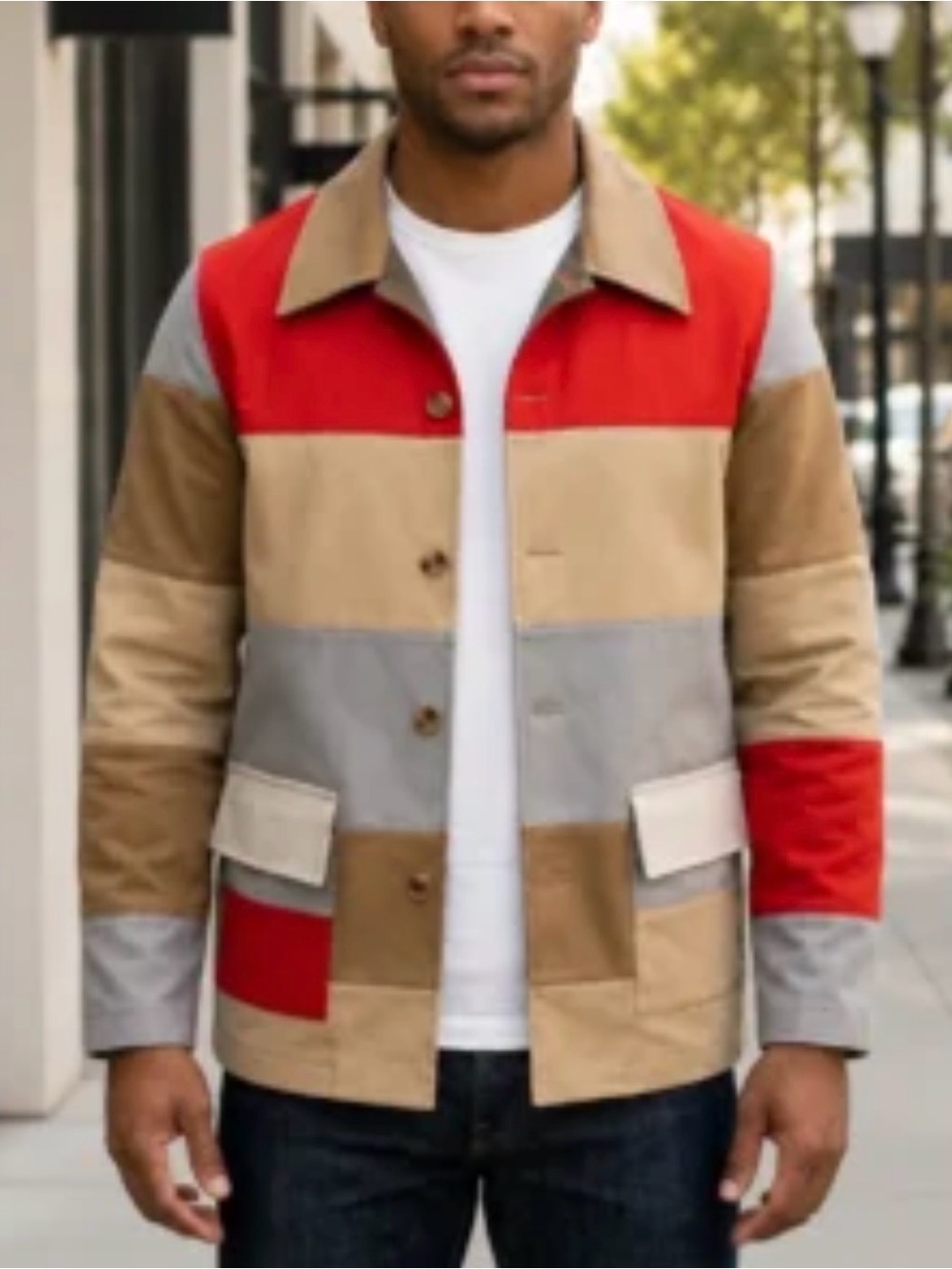 Universal Colorblock Shirt Jacket in Red, Tan & Gray